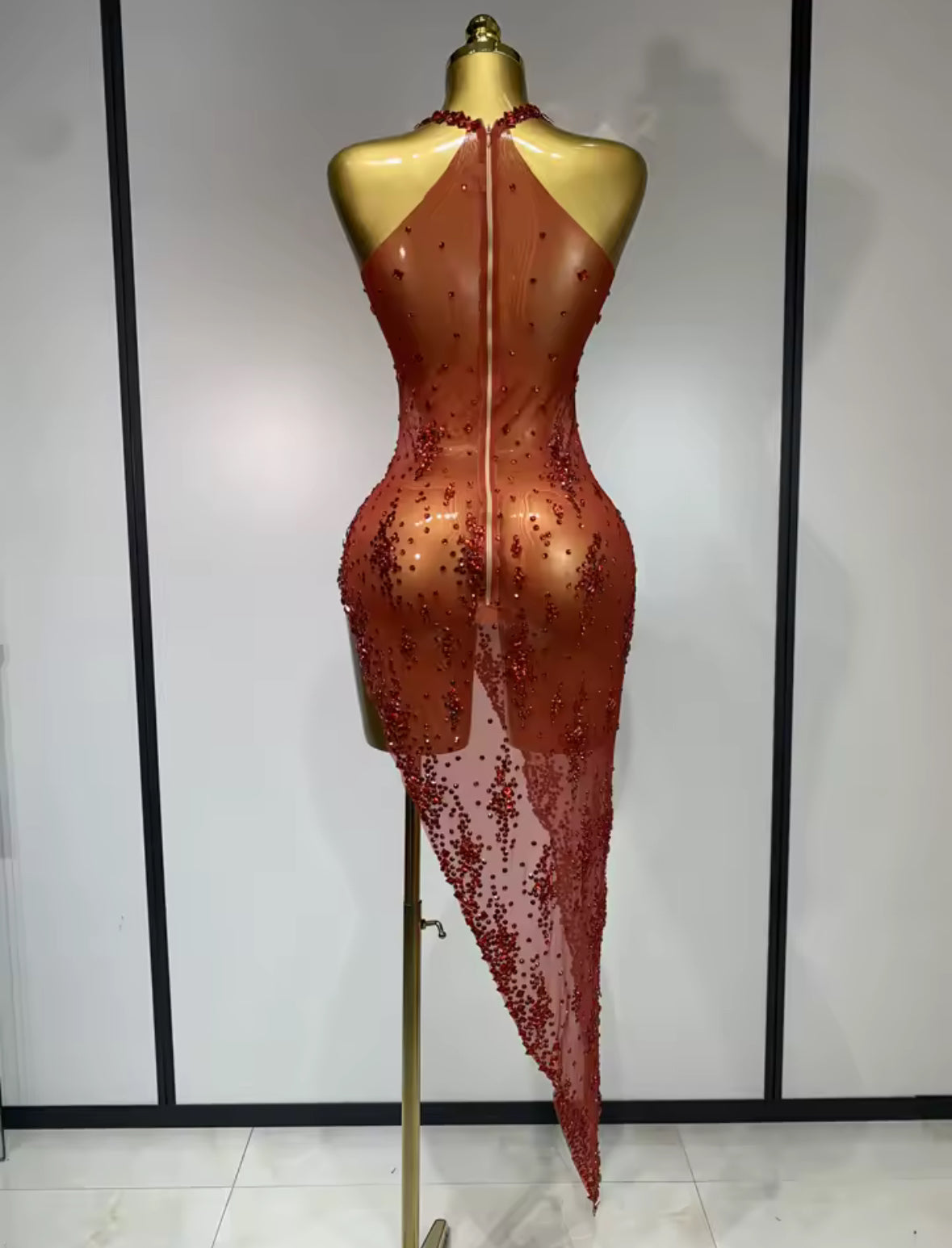 “Stardust Siren” Asymmetrical Mesh Crystal Gown