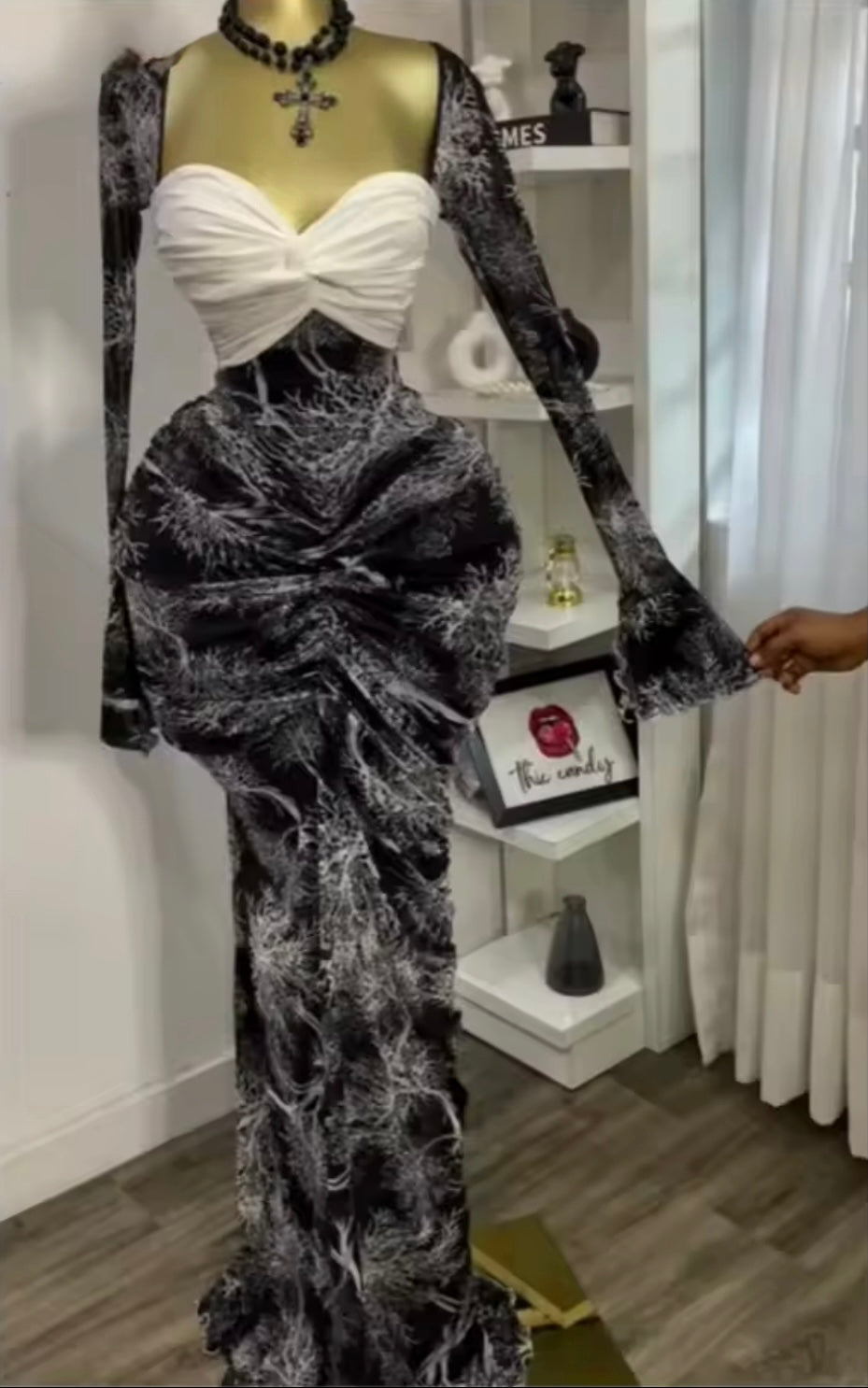 Dramatic Ruched Maxi Gown with Sheer Sleeves