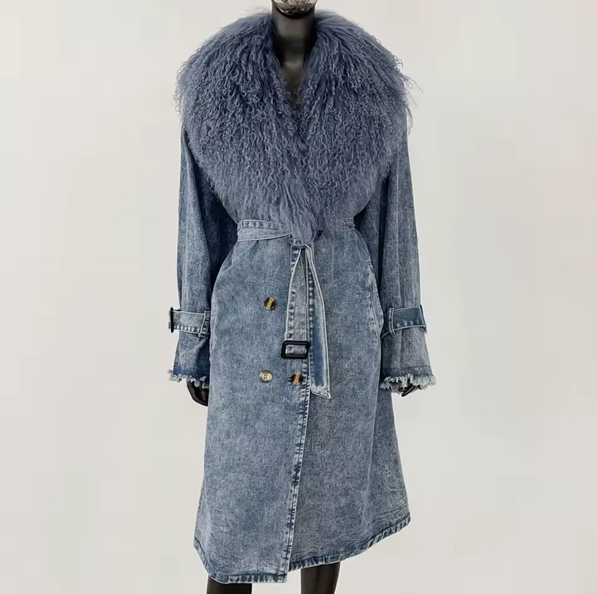 Denim Trench Coat with Genuine Mongolian Sheepskin Fur Trim