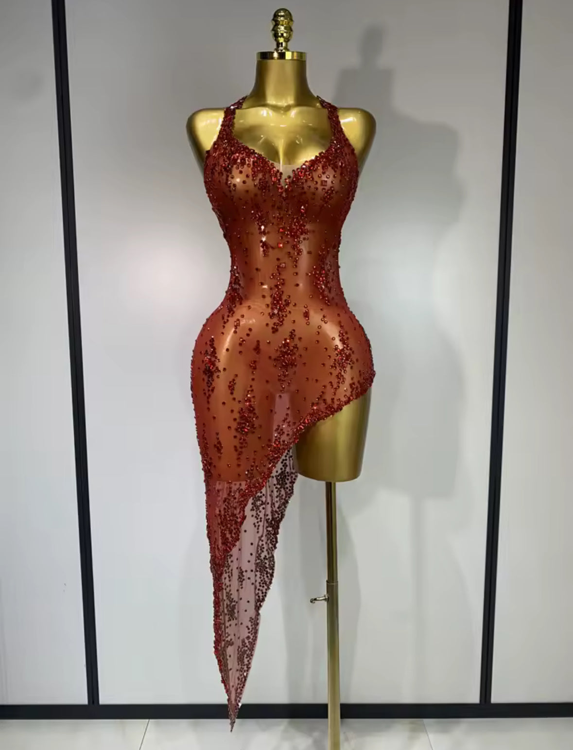 “Stardust Siren” Asymmetrical Mesh Crystal Gown