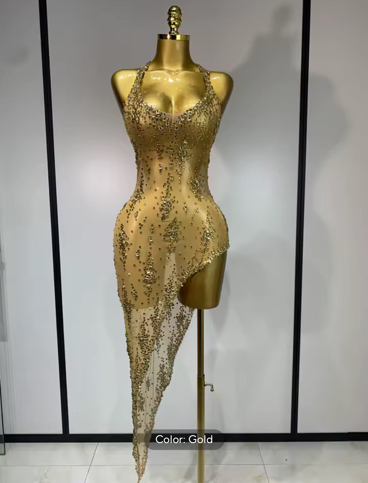 “Stardust Siren” Asymmetrical Mesh Crystal Gown
