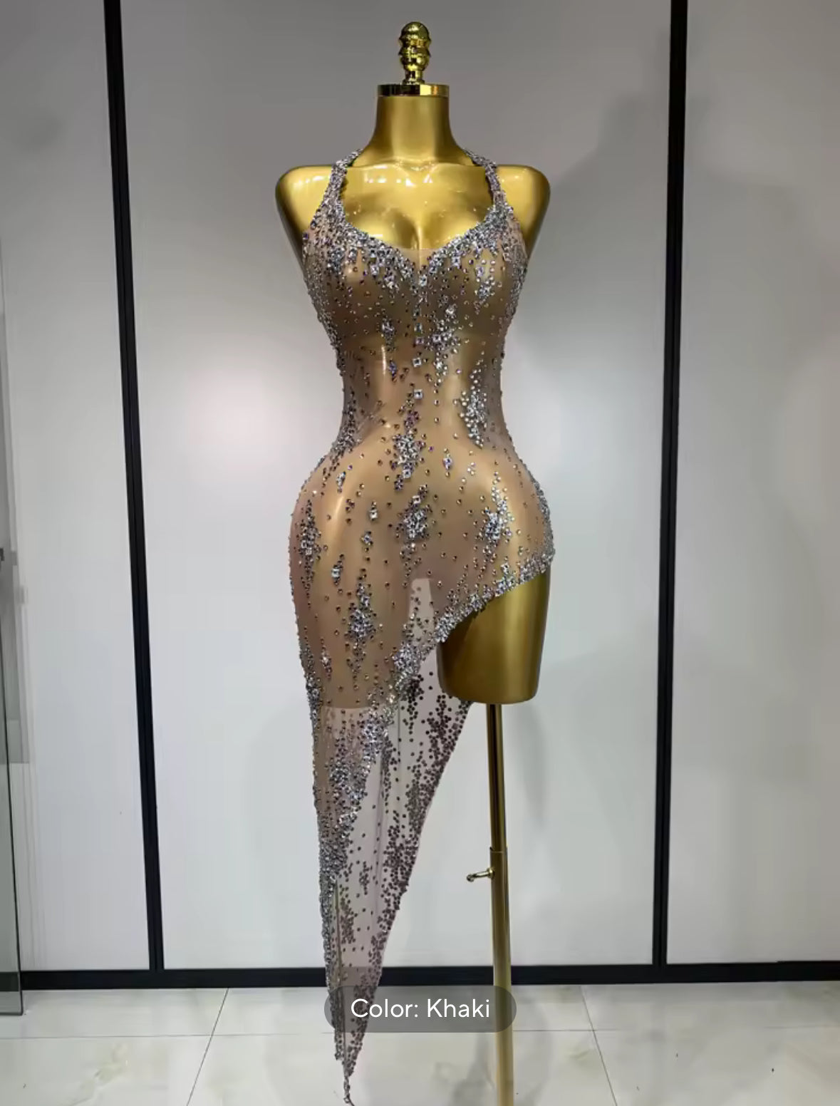 “Stardust Siren” Asymmetrical Mesh Crystal Gown
