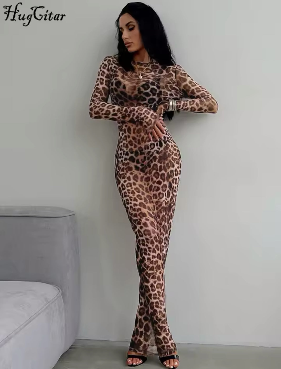 Sheer Cheetah Leopard Long Sleeve Dress