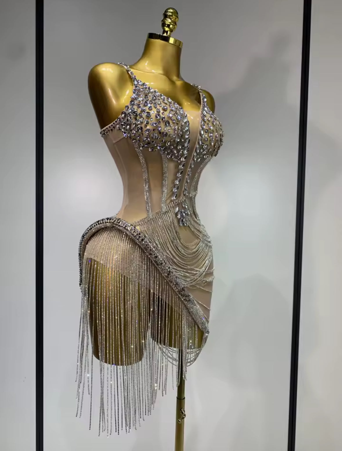 Goddess in Silver Rhinestone Fringe Mini Dress