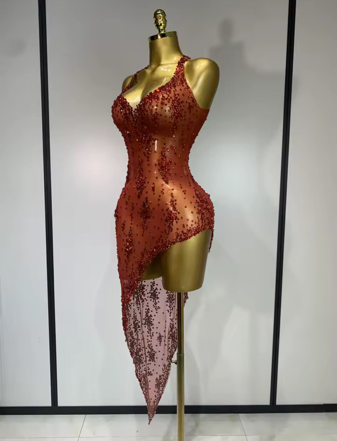“Stardust Siren” Asymmetrical Mesh Crystal Gown