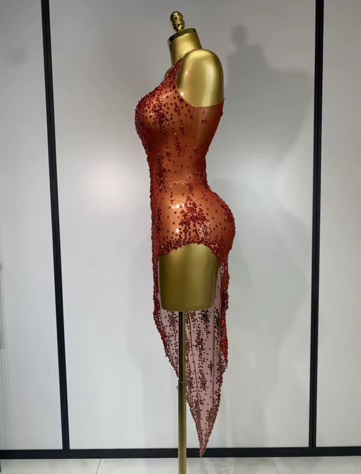 “Stardust Siren” Asymmetrical Mesh Crystal Gown