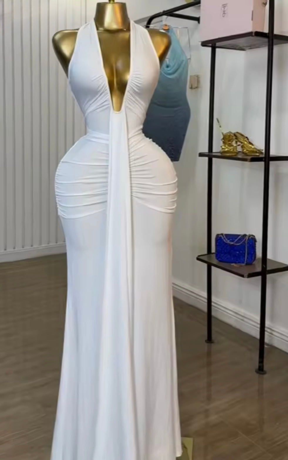 Ruched Draped Mermaid Halter Gown Dress