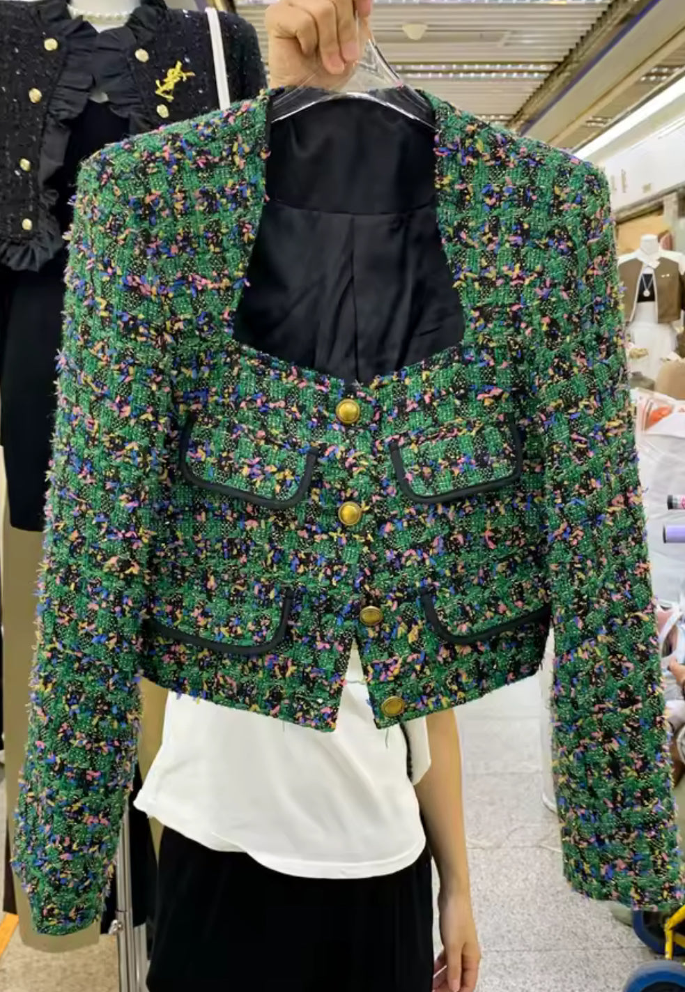 Vintage Tweed Square Neck Jacke