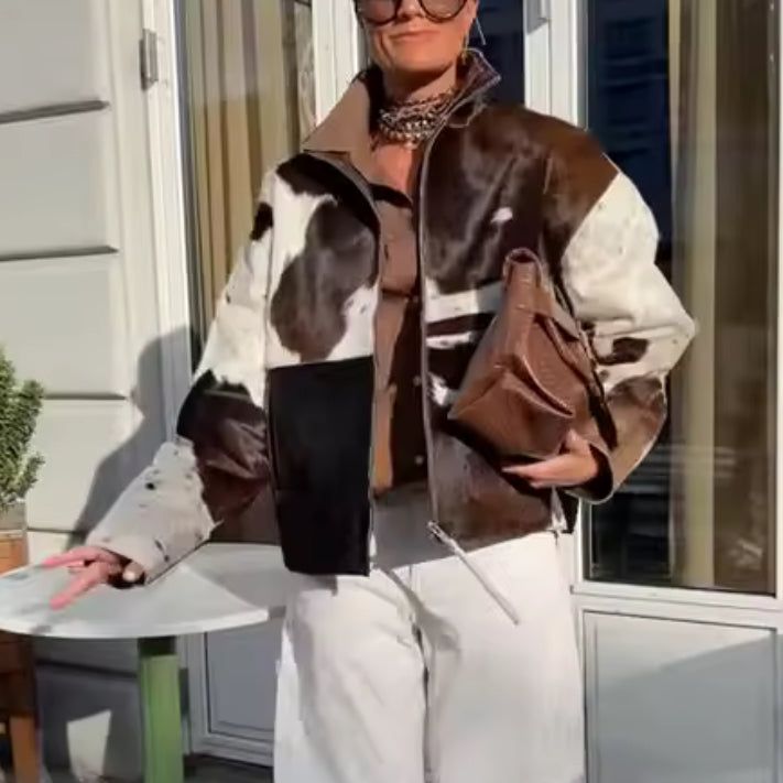 Cow Print Faux Fur Jacket