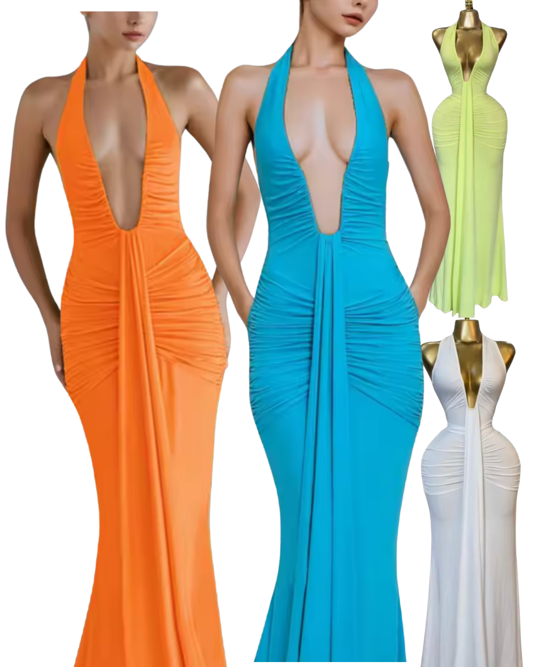 Ruched Draped Mermaid Halter Gown Dress