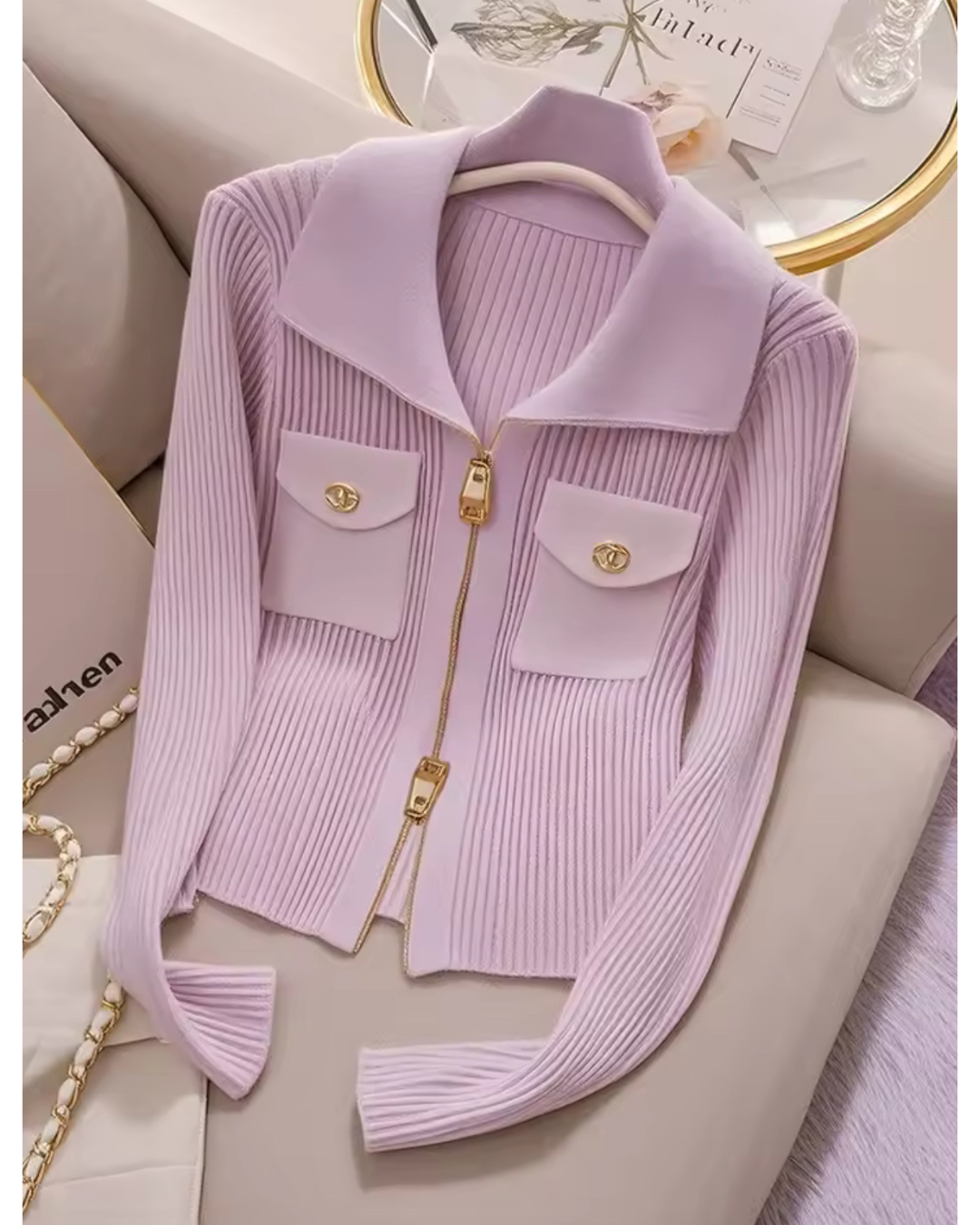 Lilac Ribbed Sweater with Gold Accents