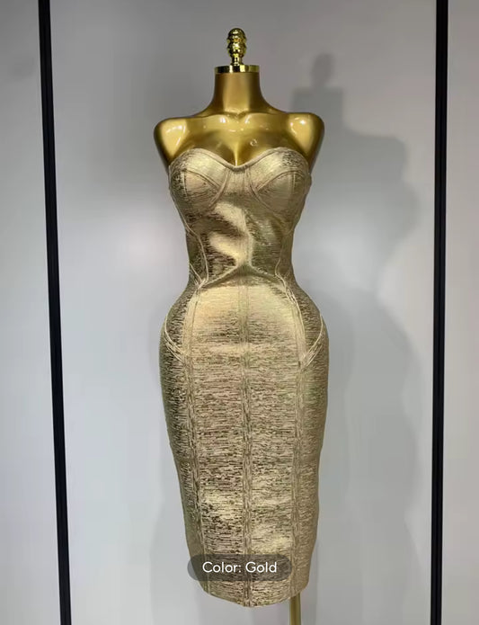 Trophy Wife Metallic Strapless Bandage Bodycon Dress — Gold or Black
