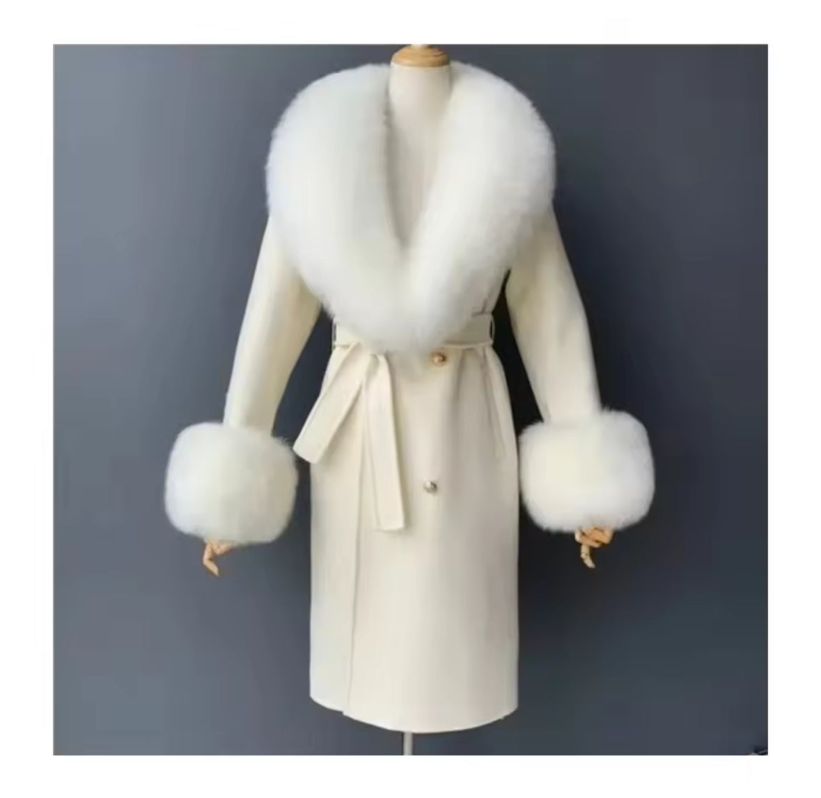 Luxury Wool-Blend Coat with Genuine Fox Fur Trim