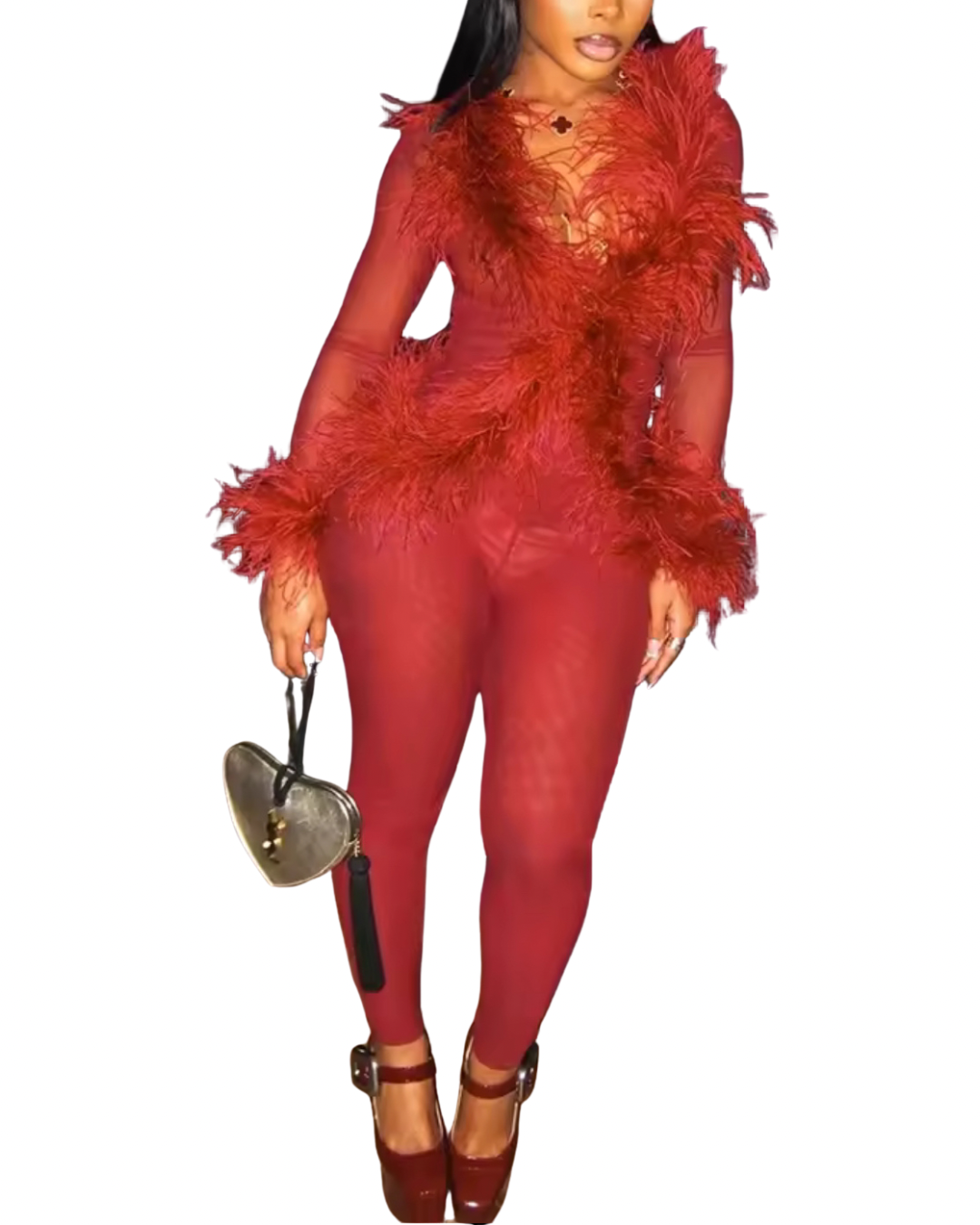 Feather Trimmed Mesh Two-Piece Pants Set