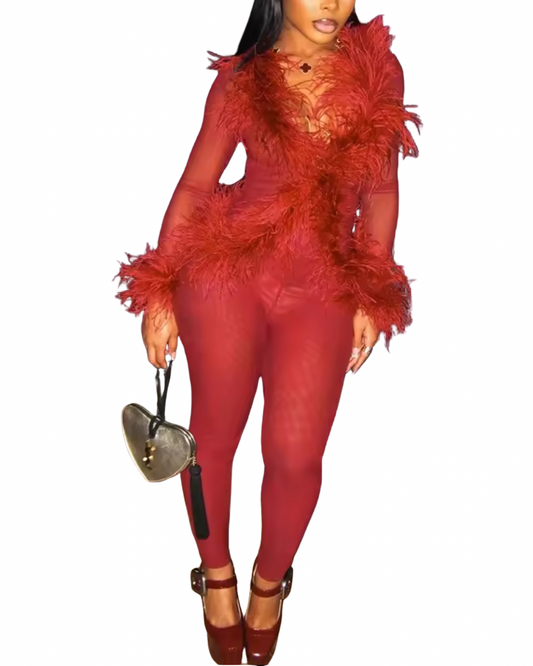 Feather Trimmed Mesh Two-Piece Pants Set