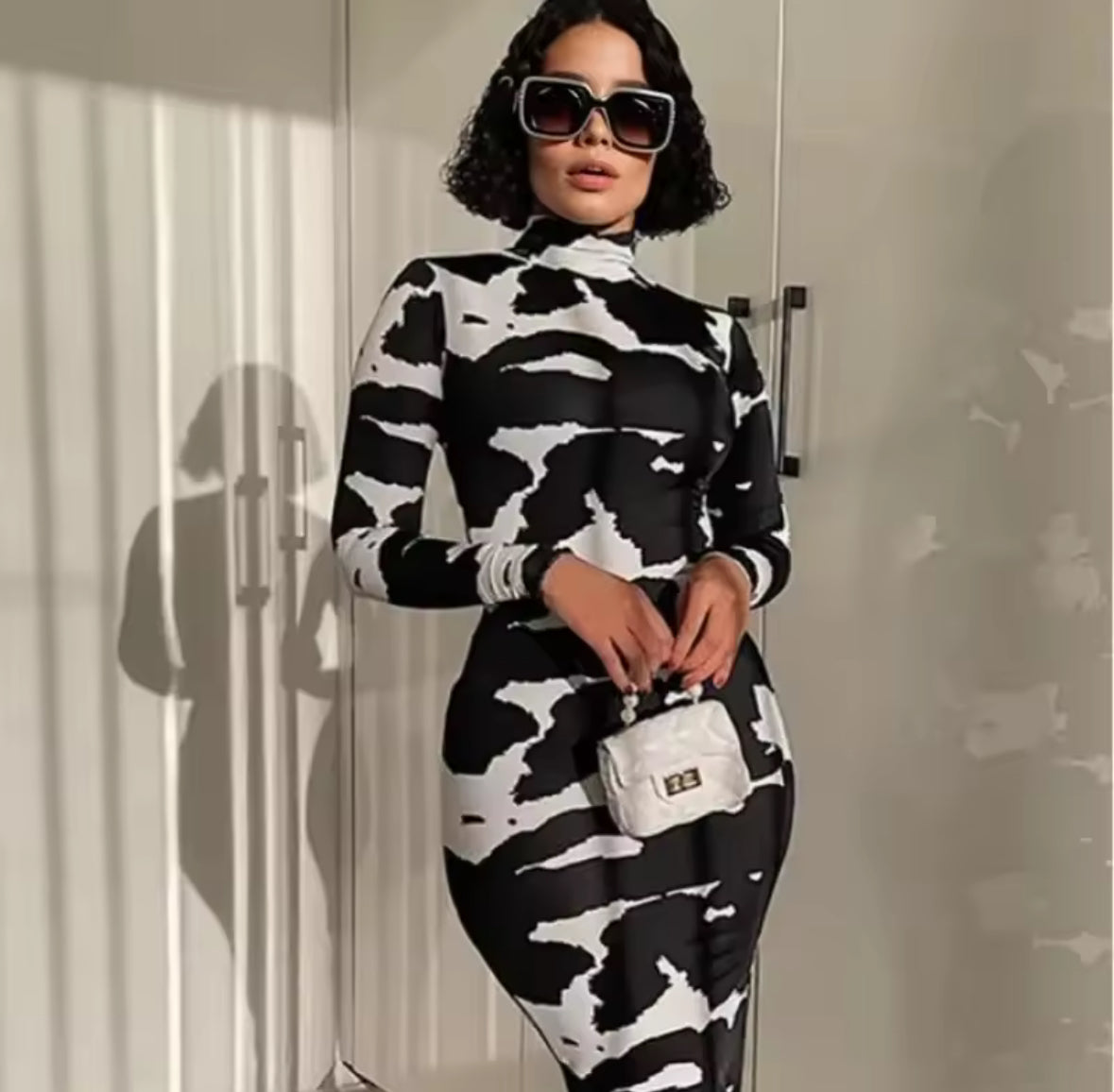 Monochrome Luxe Long Sleeve Bodycon Dress