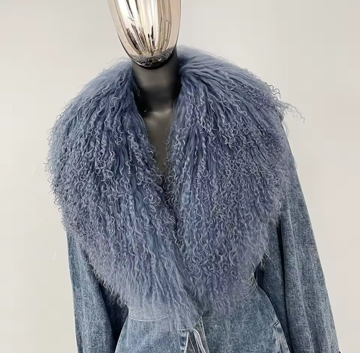 Denim Trench Coat with Genuine Mongolian Sheepskin Fur Trim