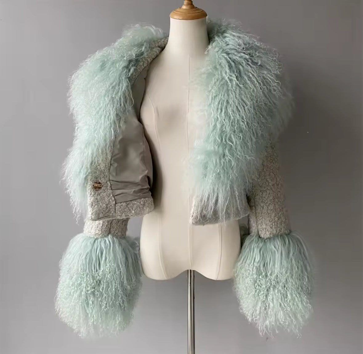 Luxury Cropped Tweed & Genuine Mongolian Fur Jacket