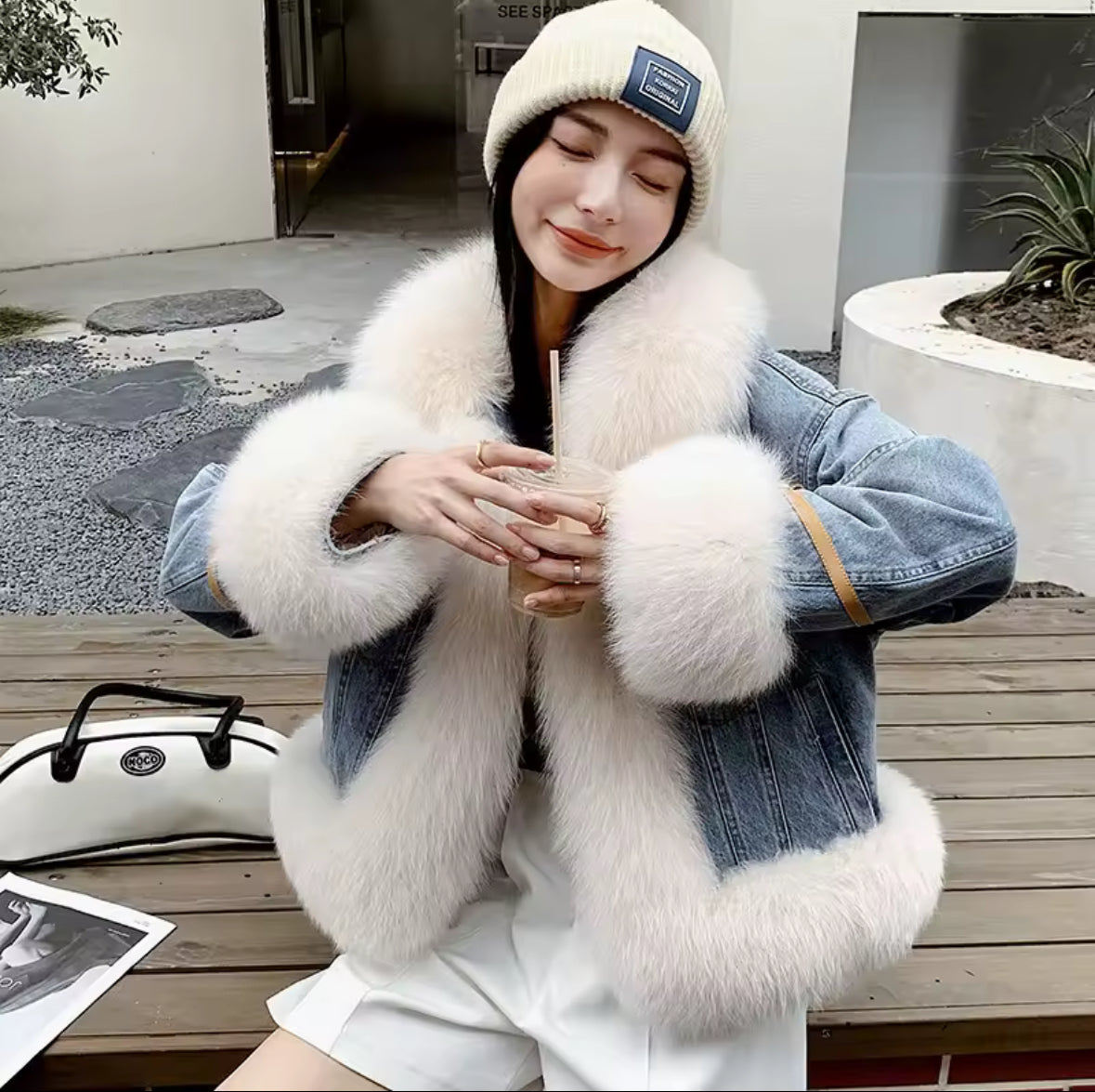 Luxury Denim Jacket with Genuine Fox Fur Trim