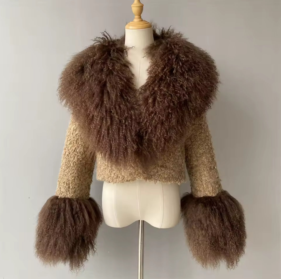 Luxury Cropped Tweed & Genuine Mongolian Fur Jacket
