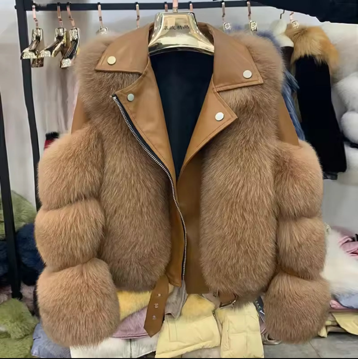 Luxury Sheepskin Leather & Real Genuine Fox Fur Motorcycle Jacket