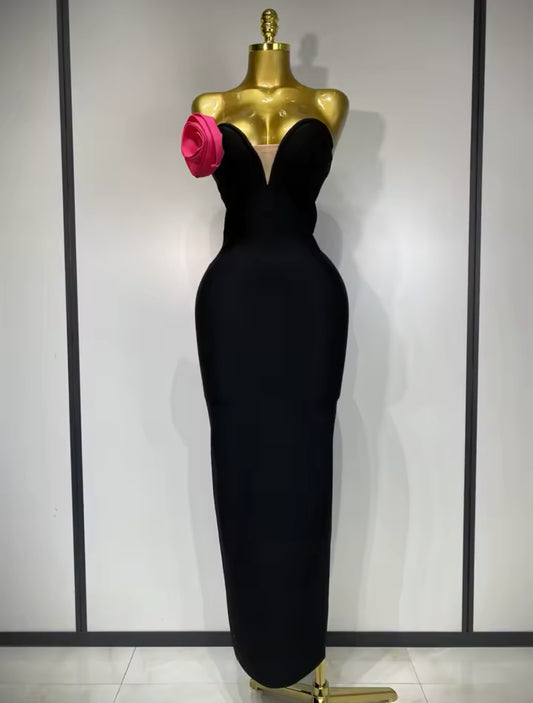 Sculpted Elegance Bandage Gown – Black with Pink Rose