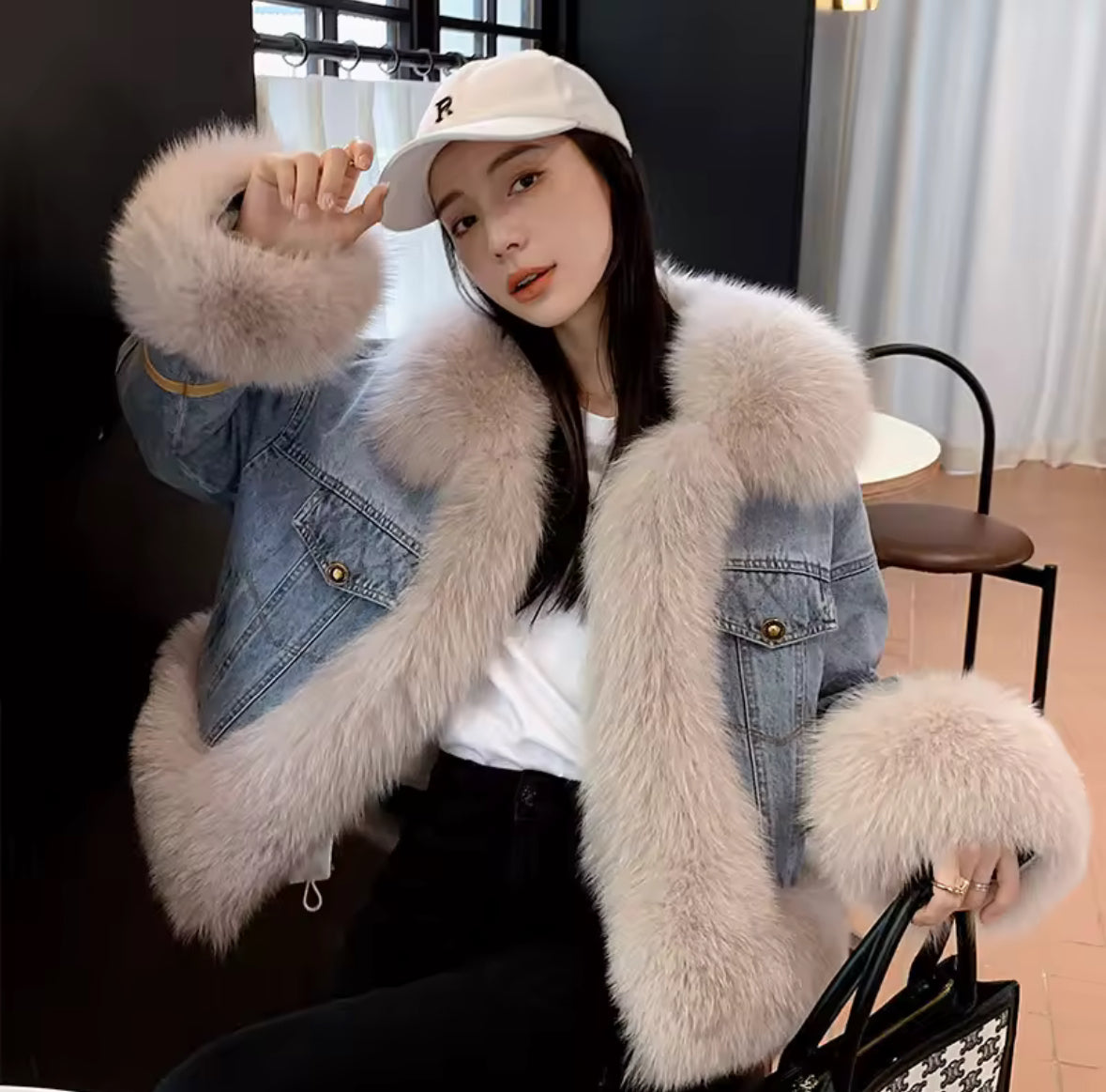 Luxury Denim Jacket with Genuine Fox Fur Trim