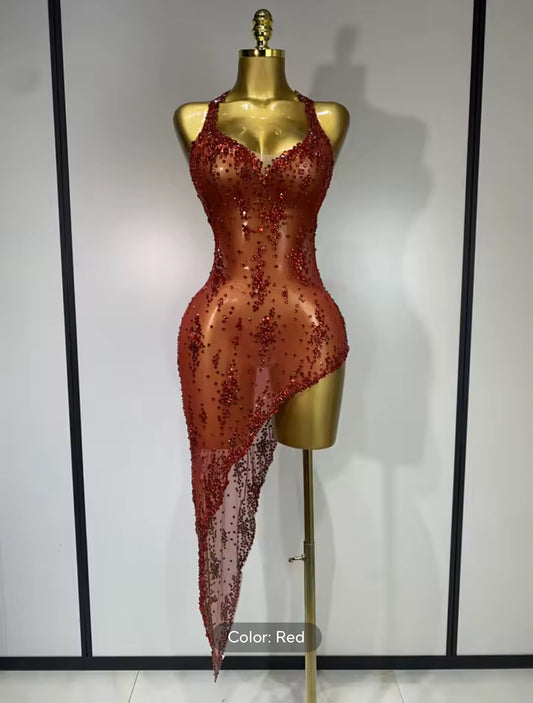“Stardust Siren” Asymmetrical Mesh Crystal Gown