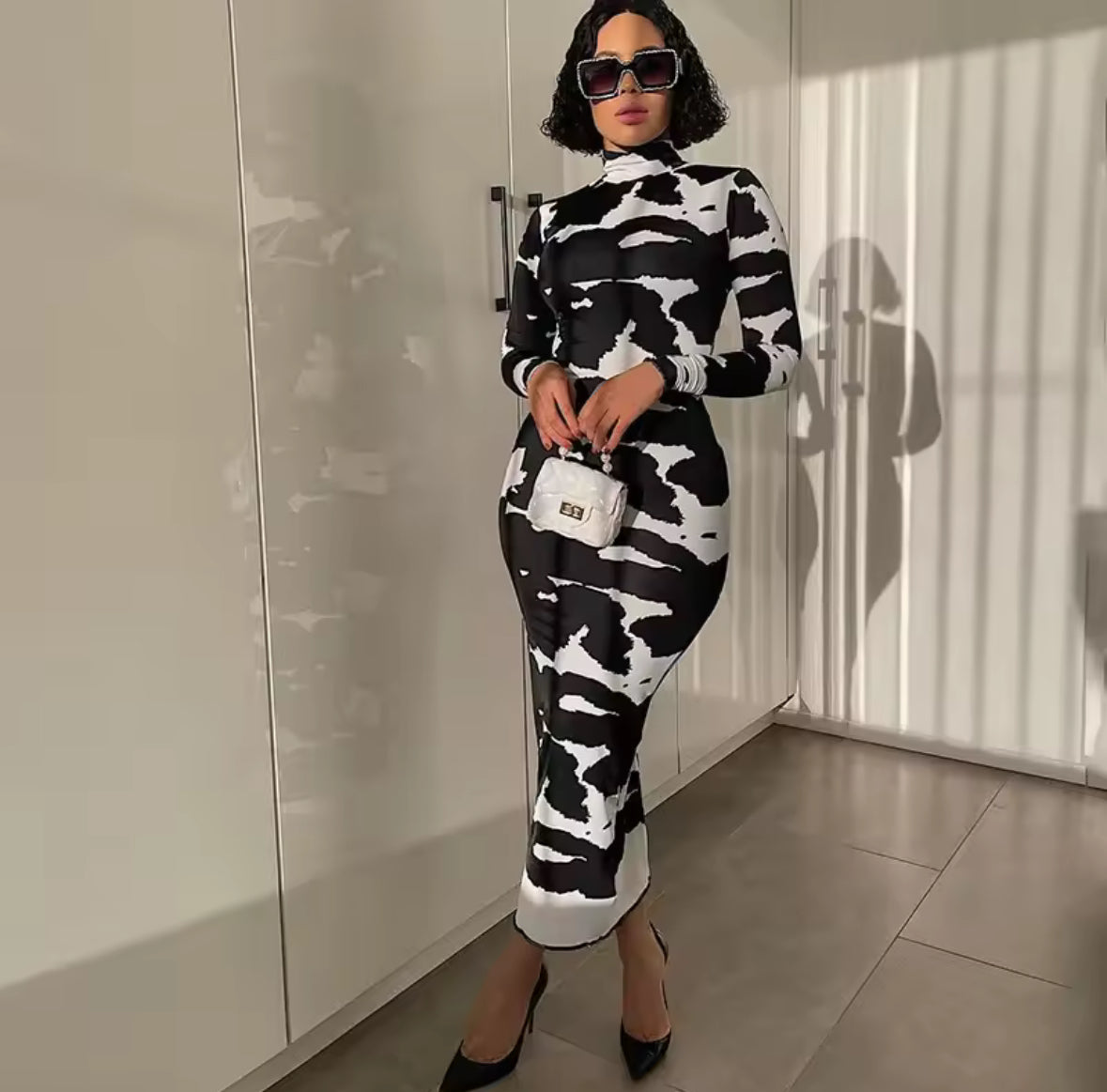 Monochrome Luxe Long Sleeve Bodycon Dress