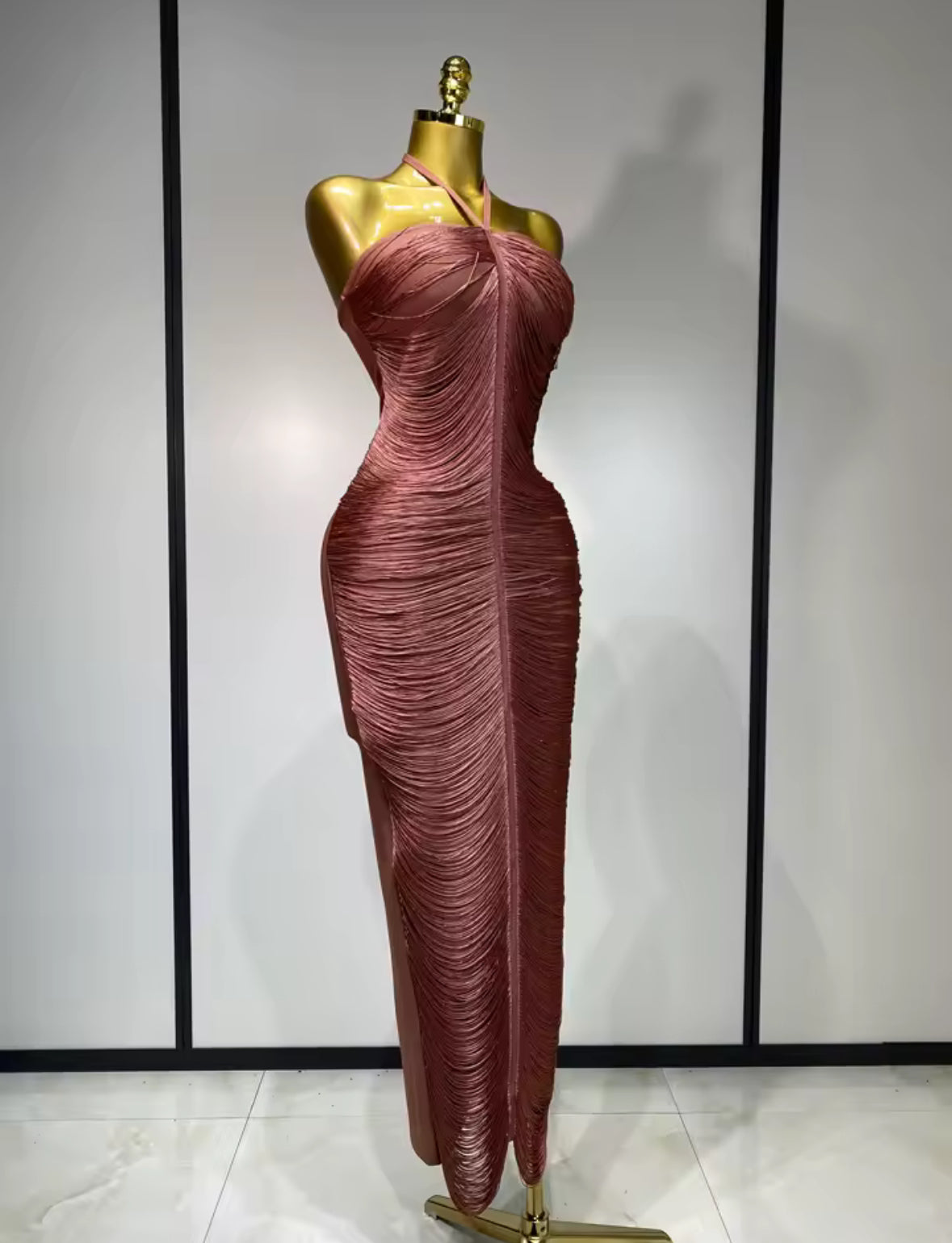 Luxe Fringe Halter Bandage Bodycon Dress – Frosé