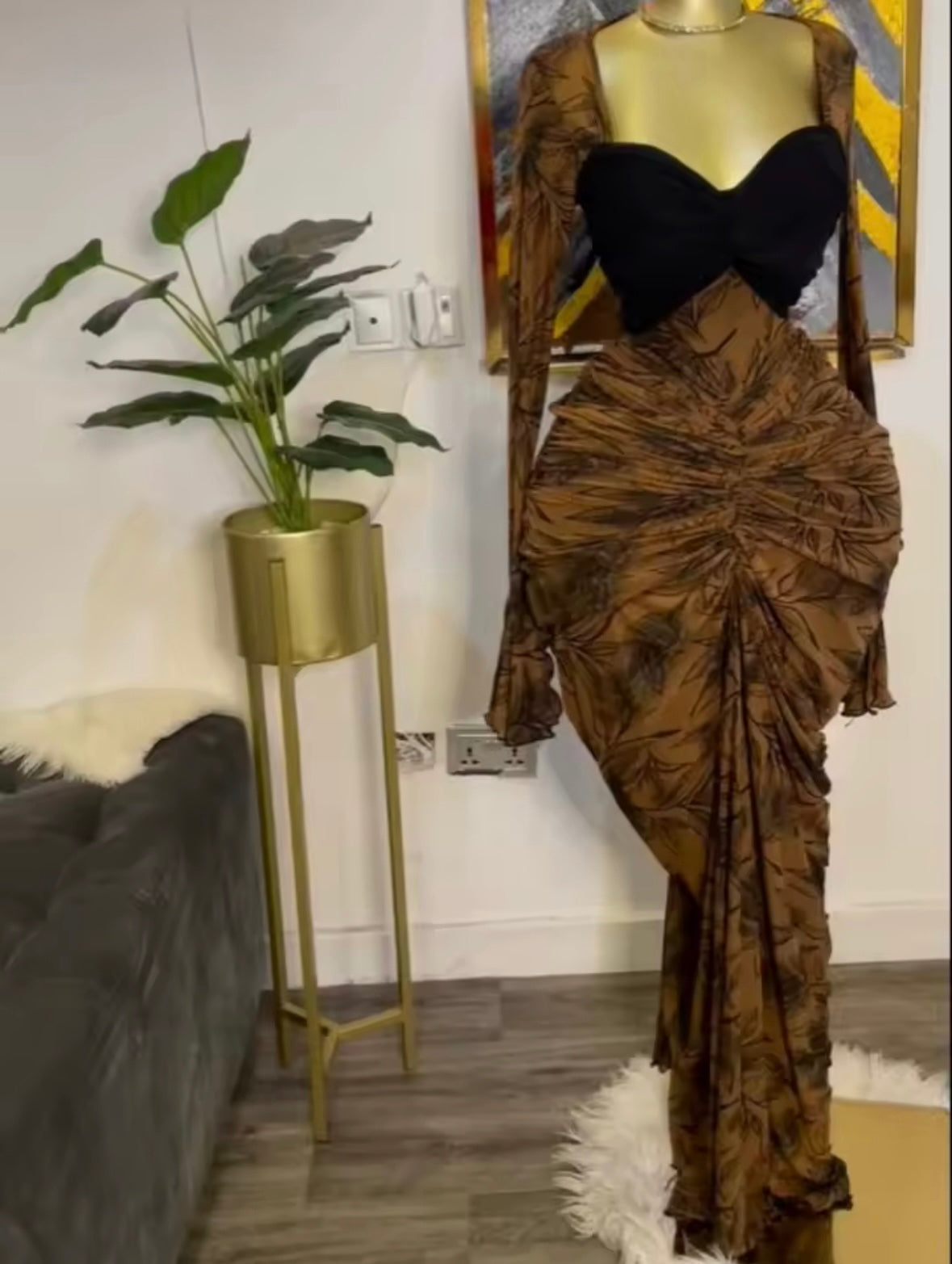Dramatic Ruched Maxi Gown with Sheer Sleeves