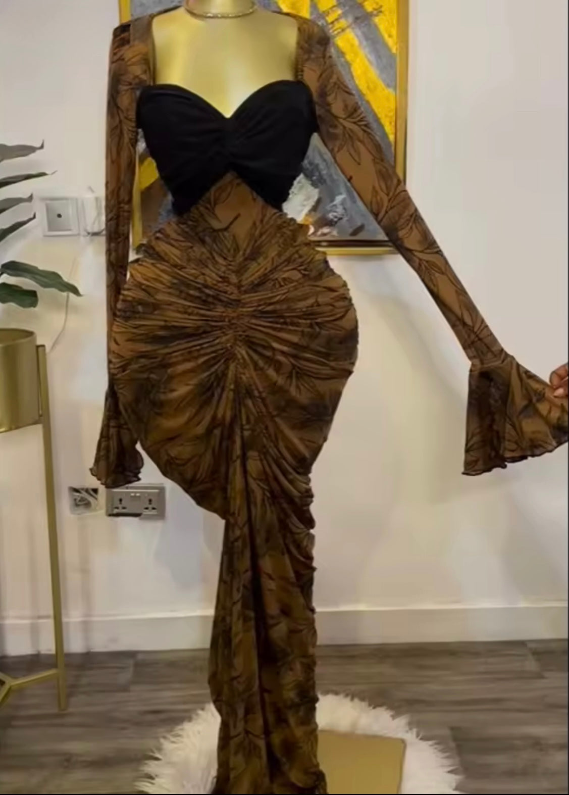 Dramatic Ruched Maxi Gown with Sheer Sleeves