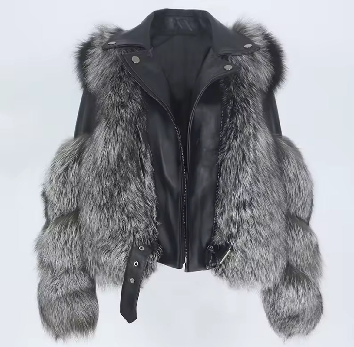 Luxury Sheepskin Leather & Real Genuine Fox Fur Motorcycle Jacket