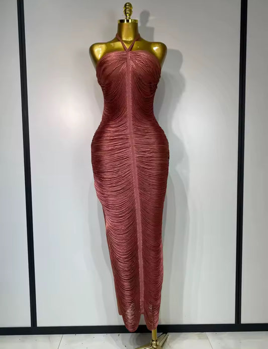 Luxe Fringe Halter Bandage Bodycon Dress – Frosé