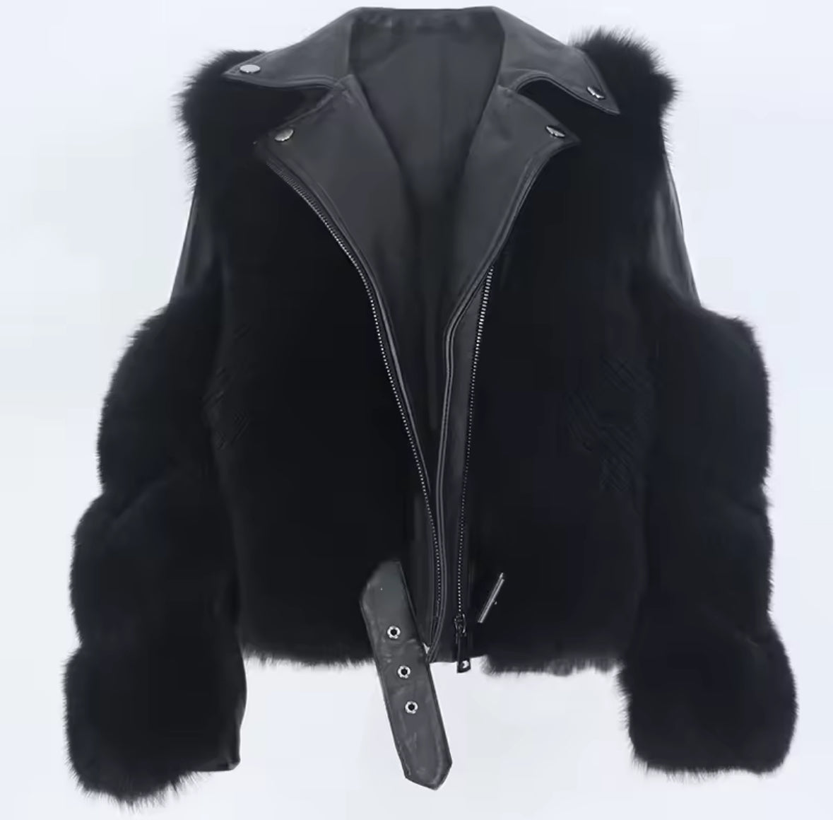 Luxury Sheepskin Leather & Real Genuine Fox Fur Motorcycle Jacket