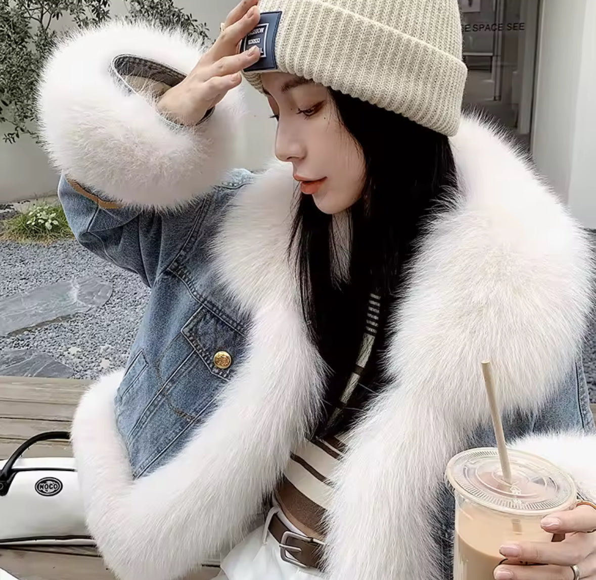 Luxury Denim Jacket with Genuine Fox Fur Trim