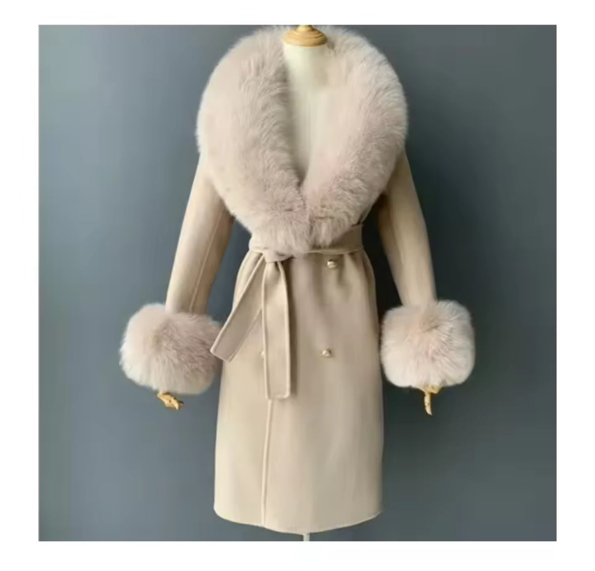 Luxury Wool-Blend Coat with Genuine Fox Fur Trim