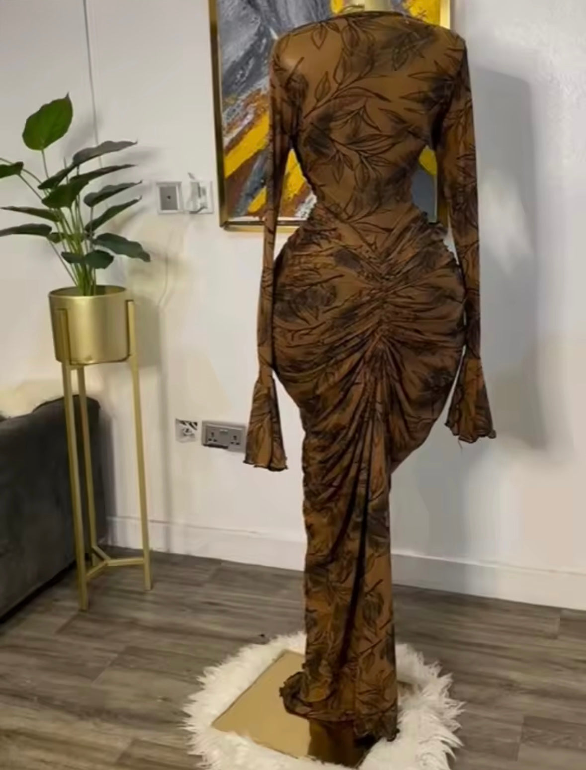 Dramatic Ruched Maxi Gown with Sheer Sleeves