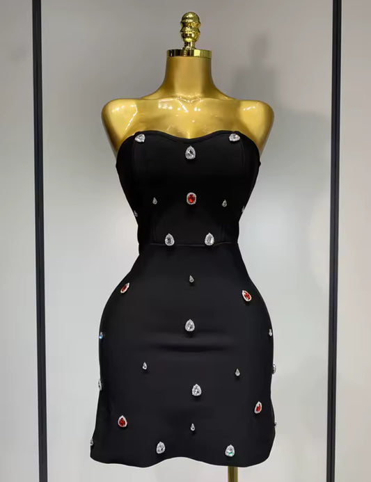 The Luxe Gem Strapless Mini Dress – Black