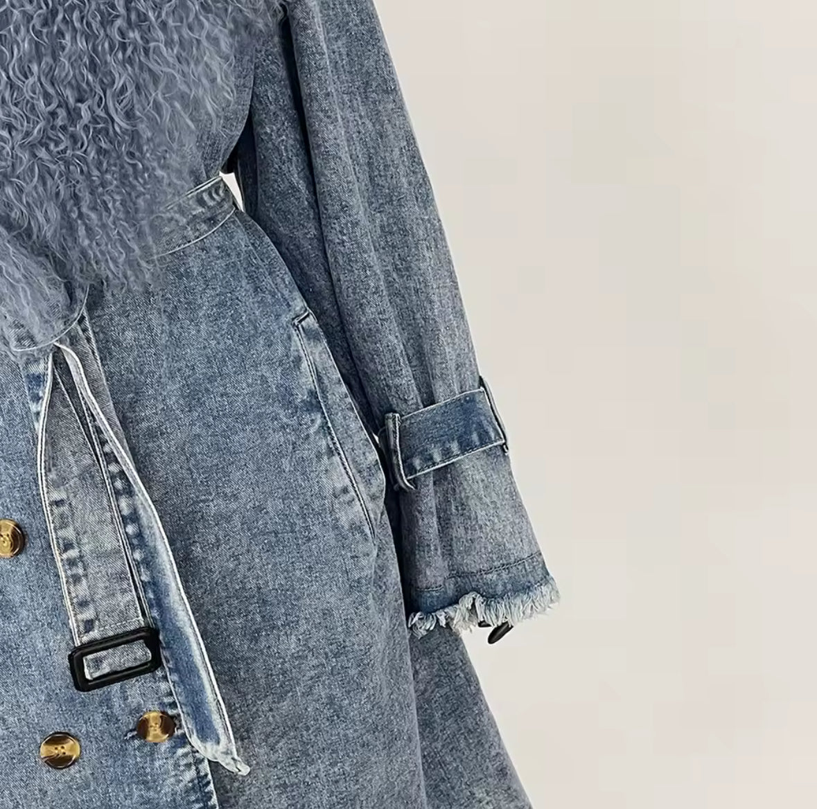 Denim Trench Coat with Genuine Mongolian Sheepskin Fur Trim