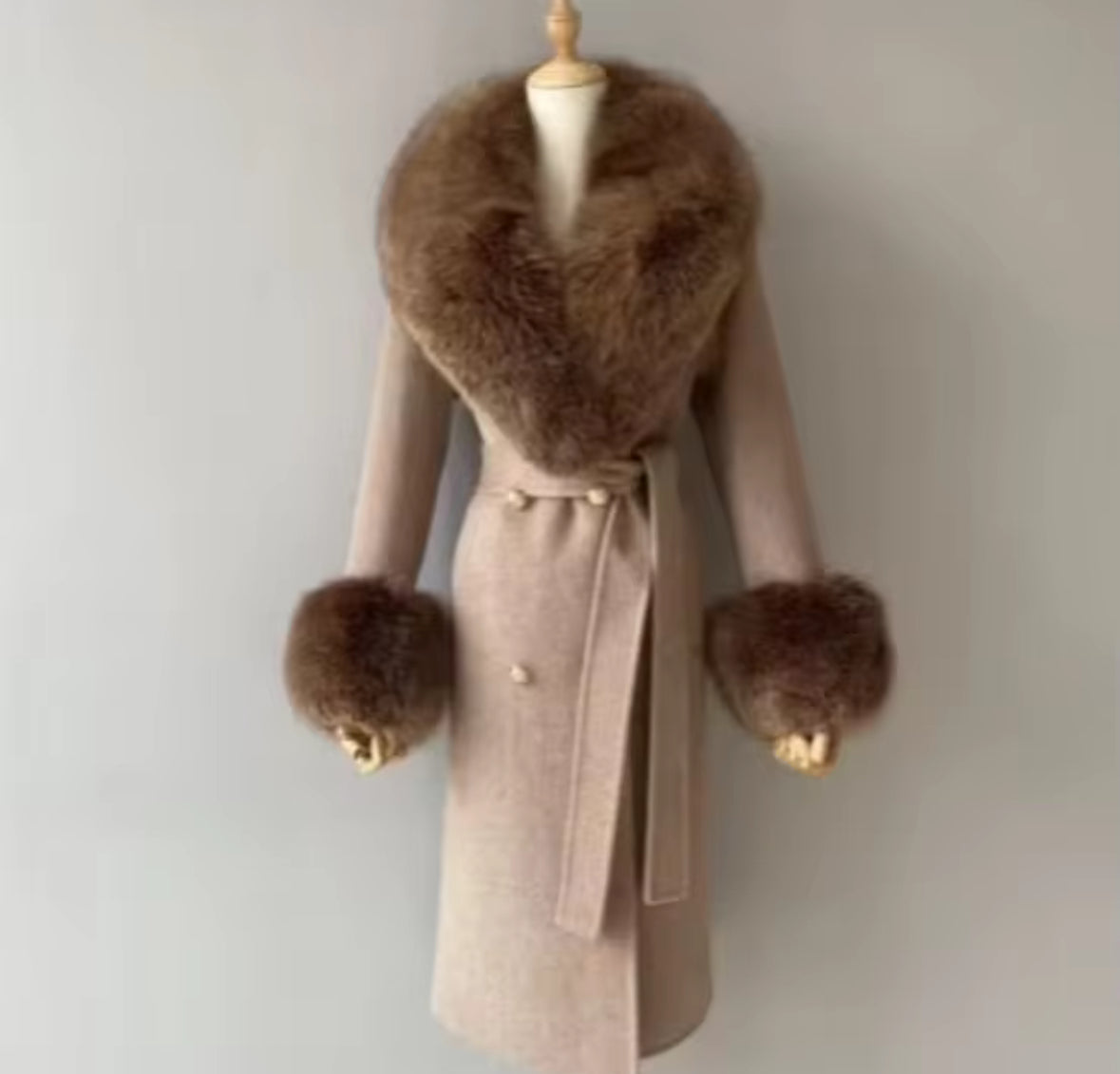 Luxury Wool-Blend Coat with Genuine Fox Fur Trim