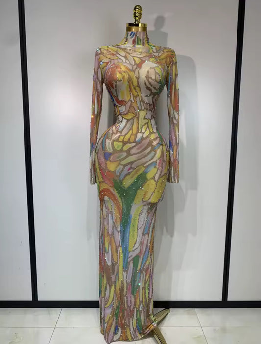 Stained Glass Rhinestone Mesh Gown