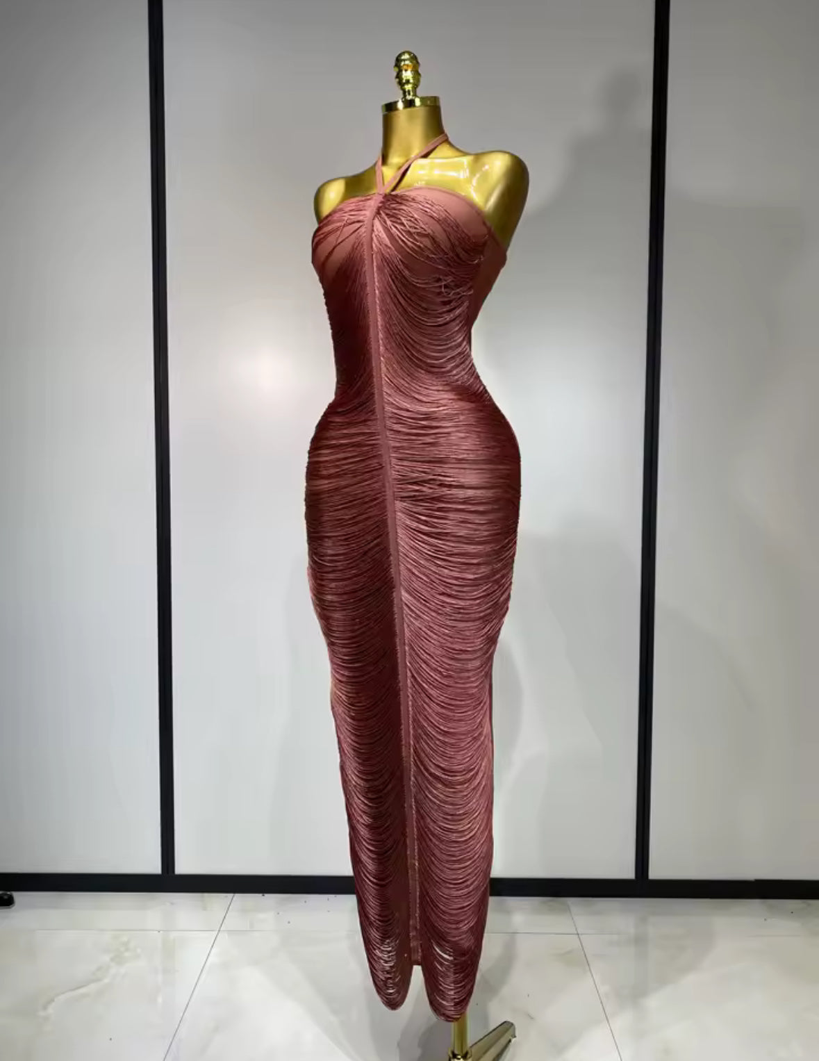 Luxe Fringe Halter Bandage Bodycon Dress – Frosé