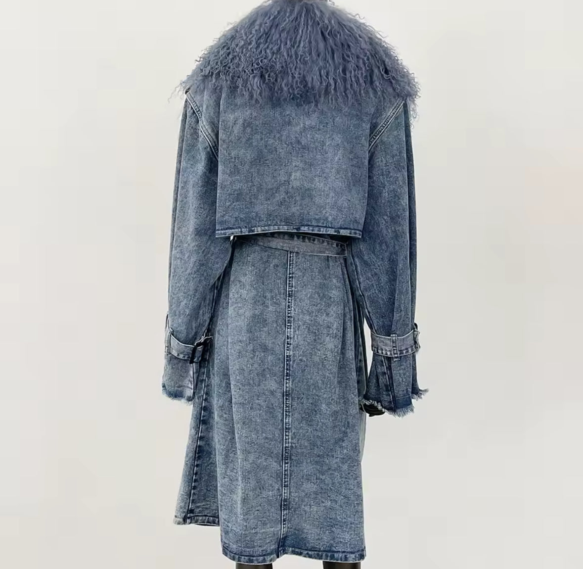 Denim Trench Coat with Genuine Mongolian Sheepskin Fur Trim