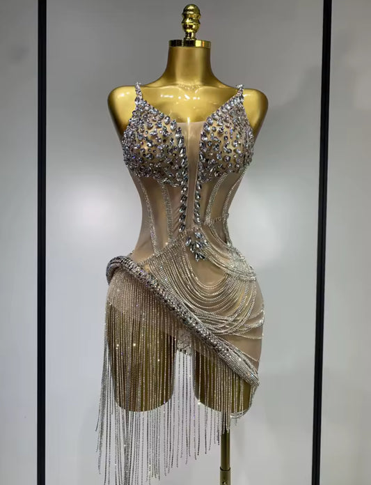 Goddess in Silver Rhinestone Fringe Mini Dress