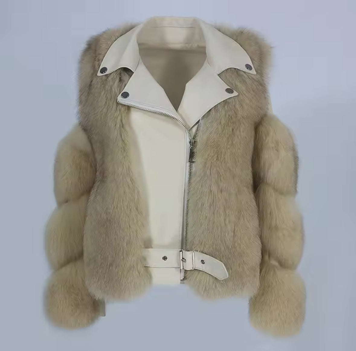 Luxury Sheepskin Leather & Real Genuine Fox Fur Motorcycle Jacket