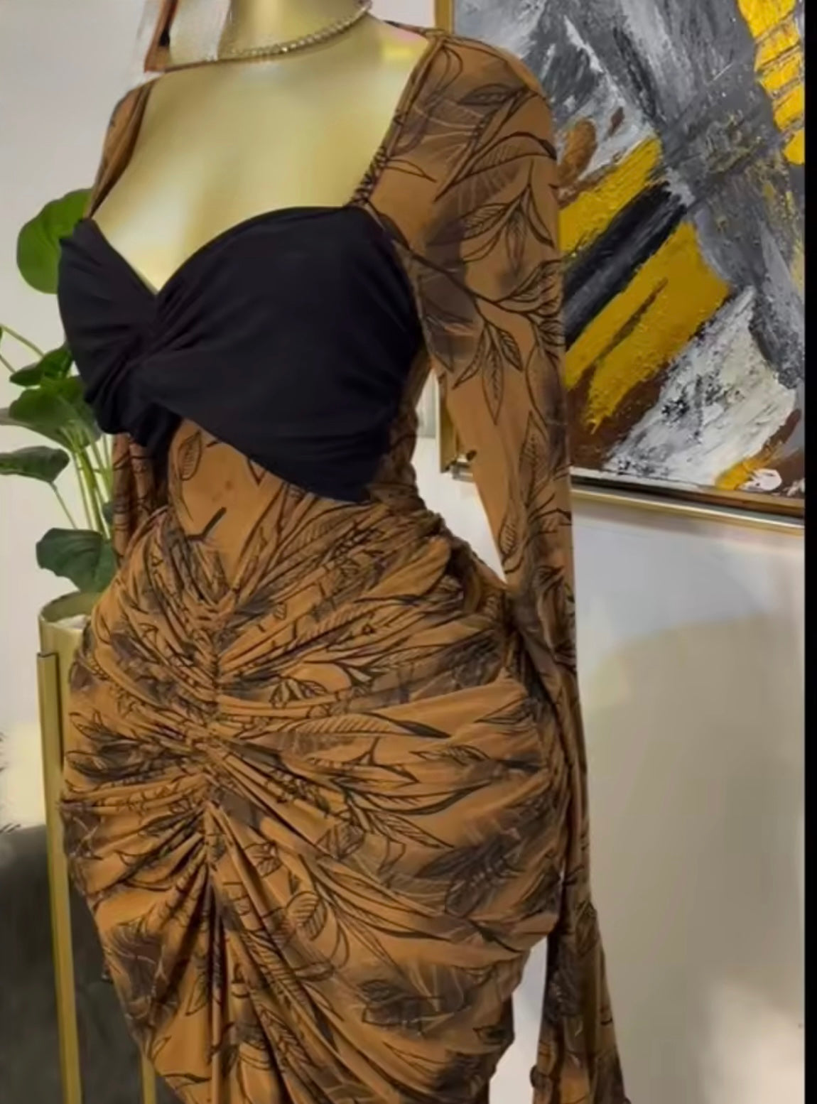 Dramatic Ruched Maxi Gown with Sheer Sleeves