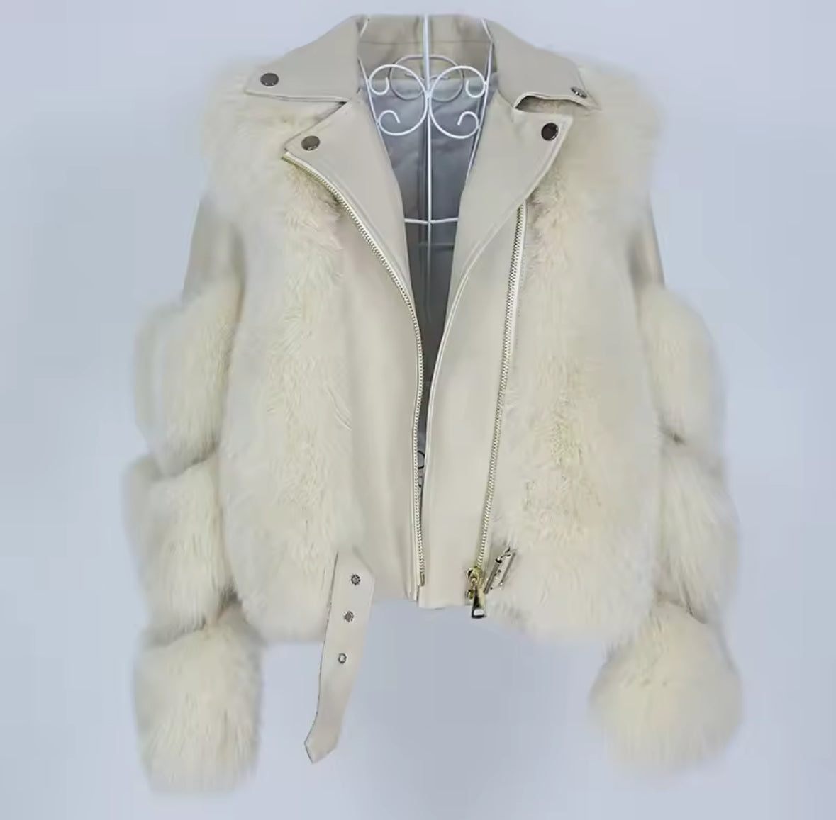 Luxury Sheepskin Leather & Real Genuine Fox Fur Motorcycle Jacket