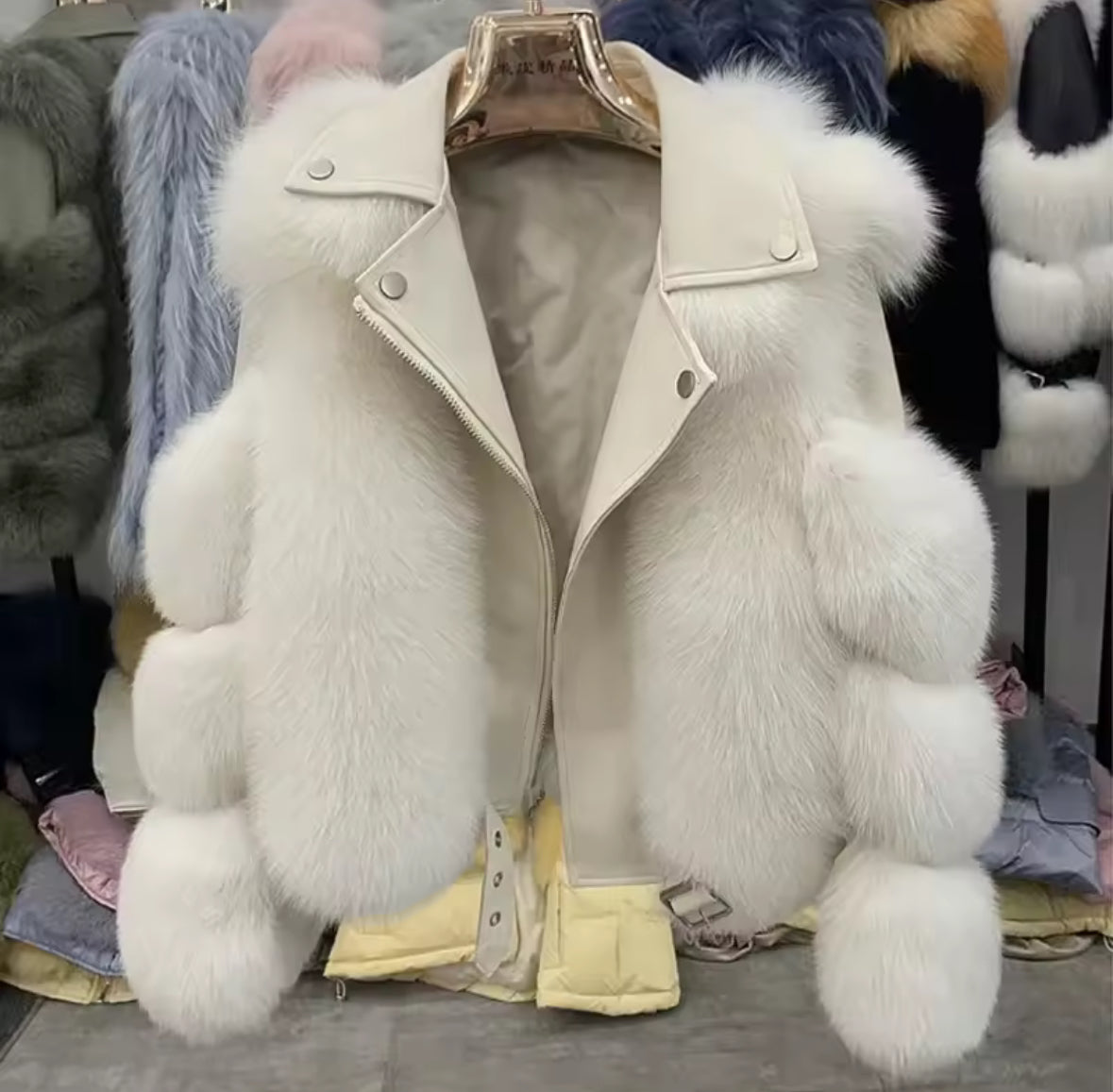 Luxury Sheepskin Leather & Real Genuine Fox Fur Motorcycle Jacket