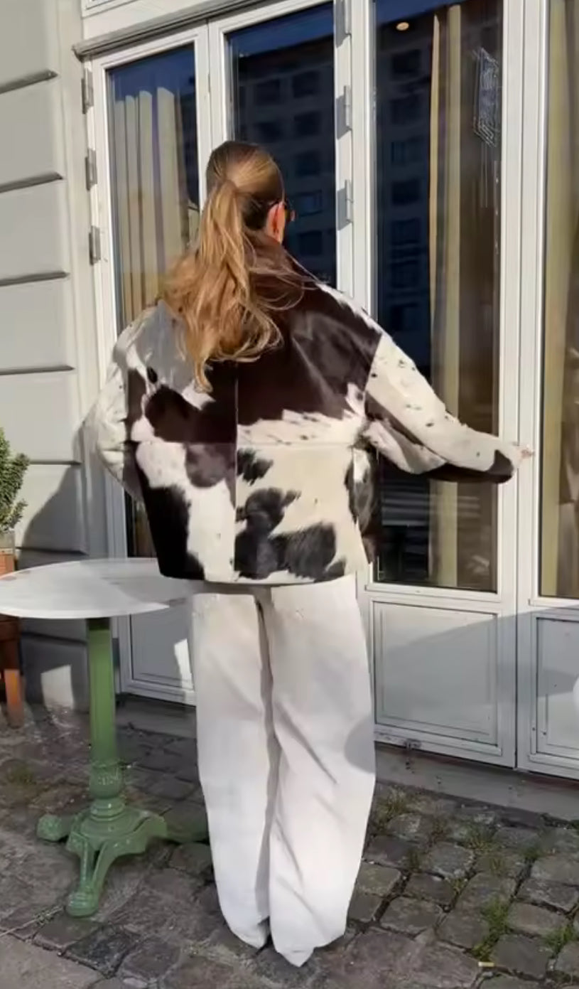 Cow Print Faux Fur Jacket